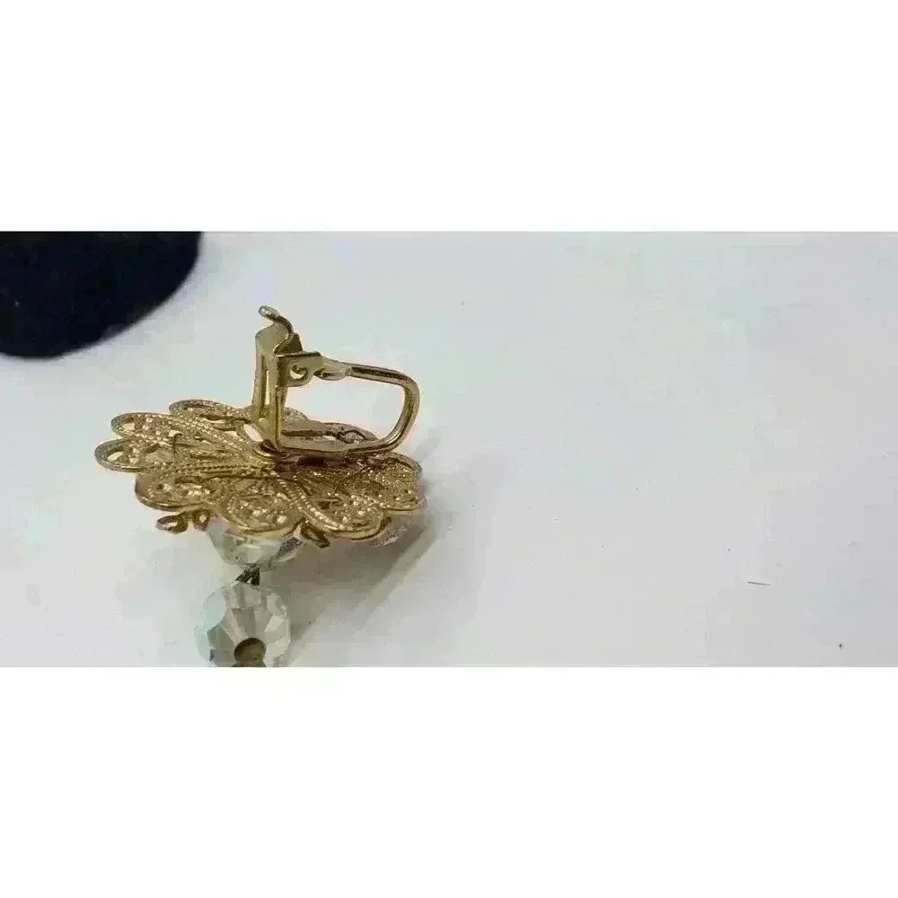 Vintage Earrings Clip Gold Filigree AB Crystal Dangle Soft Touch 1950 Fancy